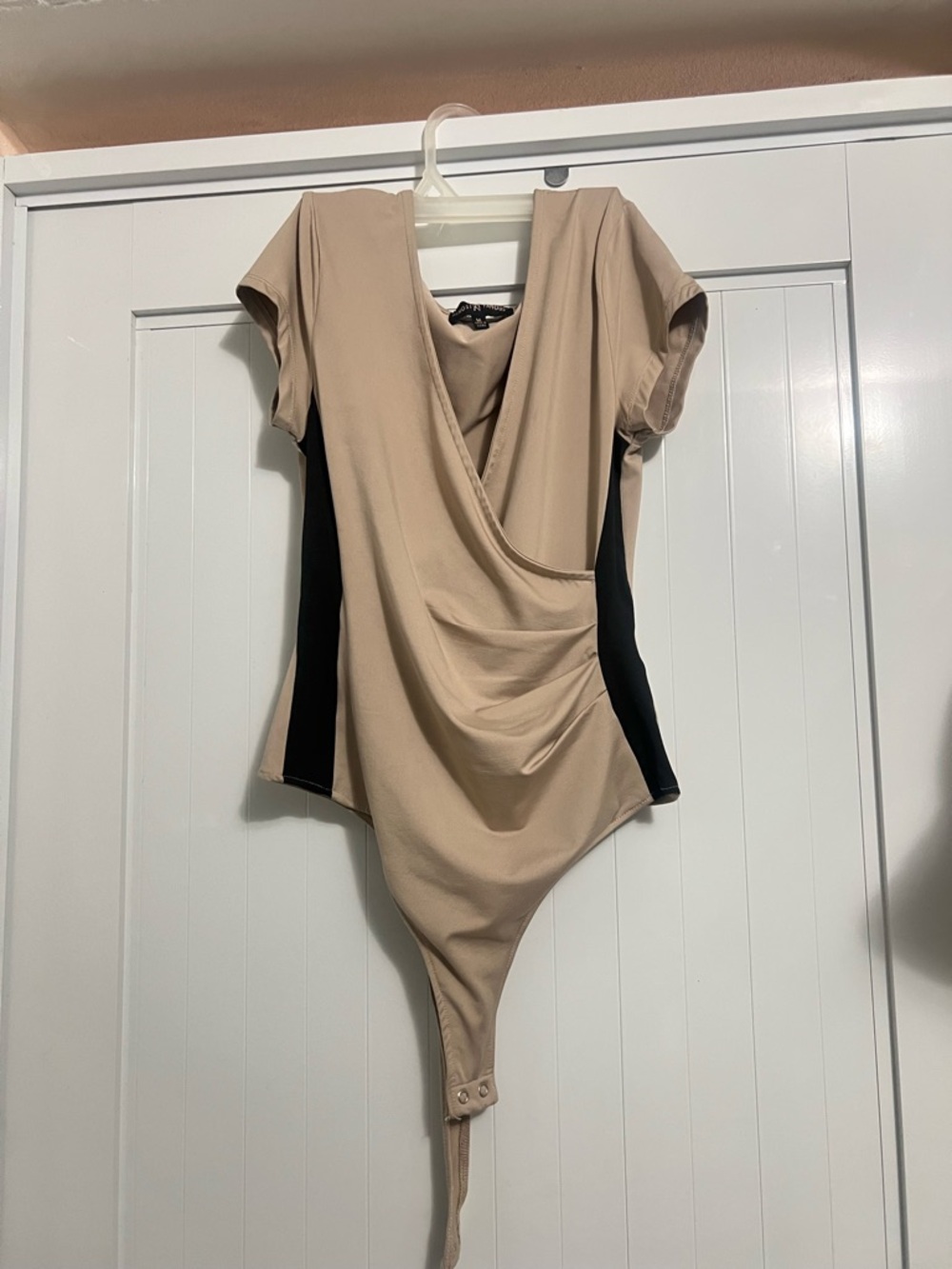 Almost Famous Beige and Black Draped Surplice Bodysuit